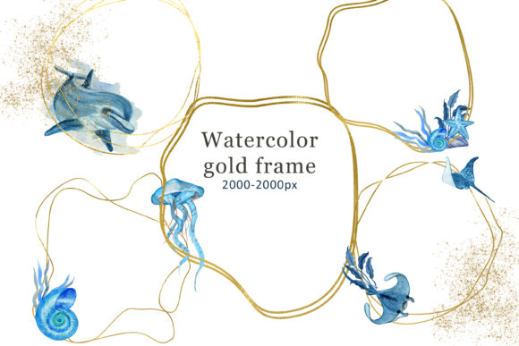Download Watercolor Gold Frame Sea Animals PNG - Sea animals png Collection